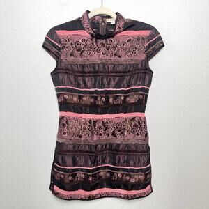 Qipao Cheongsam Style Tunic Blouse Pink Black Floral Jacquard Top Size Large